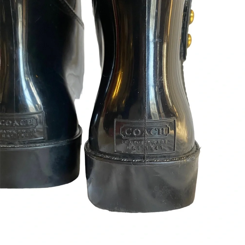 Coach Black Rubber Boots Gold Buckle Knee High 9 Concert classic‎ statment